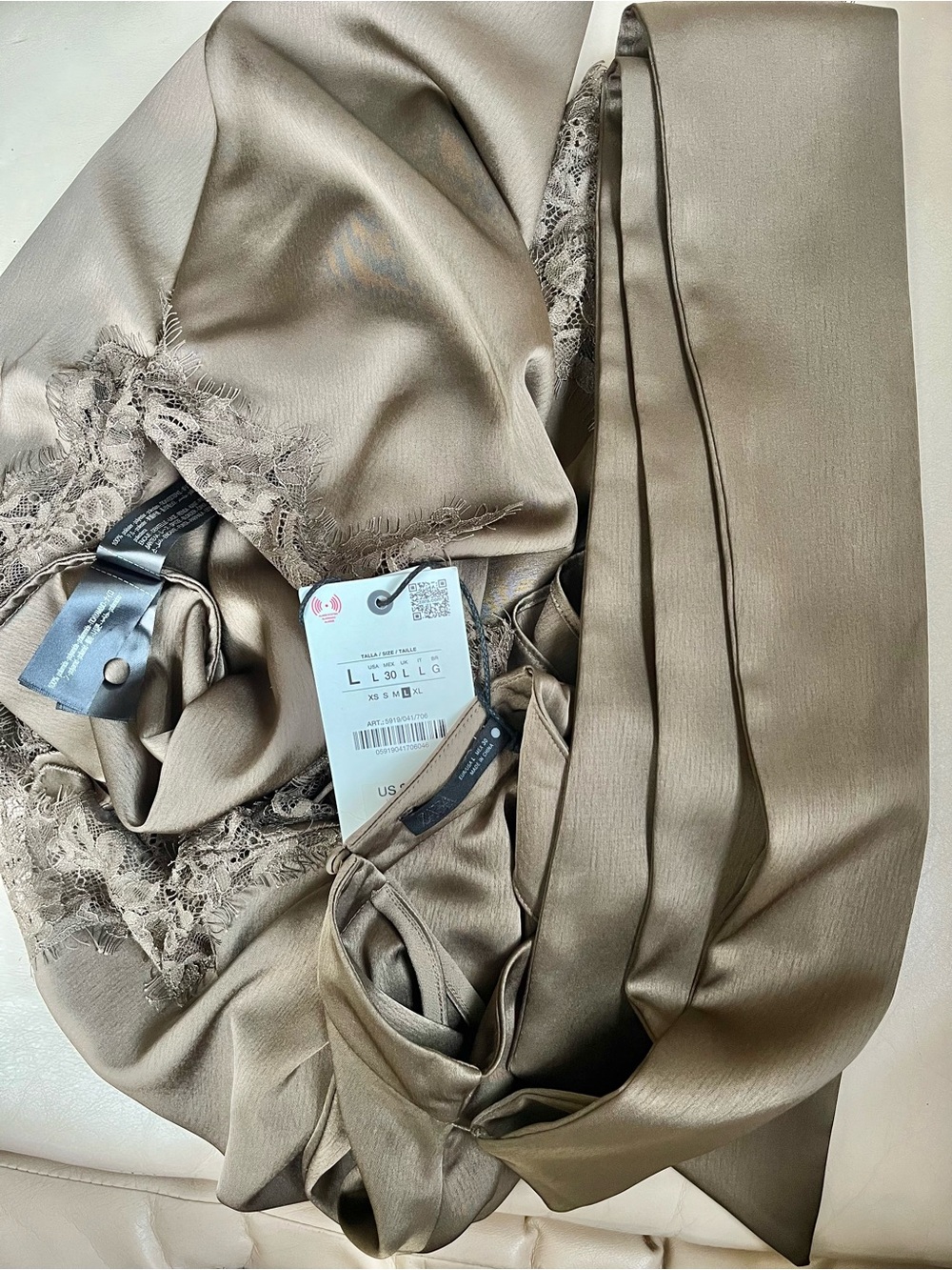 Zara Satin Cut Out Lace Dress Asymmetrical High Neck Scarf Brown Large - Picture 12 of 15